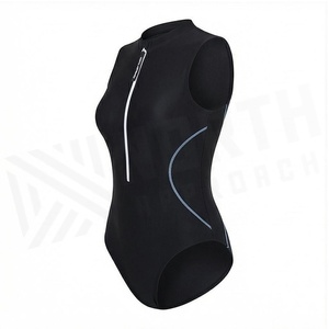 Women's Black Sleeveless One-Piece Swimsuit With Stand Collar Zipper And Contrast Binding Shorts - Product Image 3