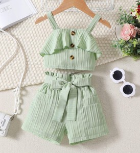 Autumn Girls Vintage Clothing Sets Kids <b>Clothes</b> Solid Colors Short Sleeve Tops+Shorts Button Fashion Girls Outfits - Product Image 4
