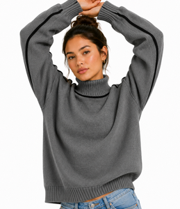 Sudadera de cuello alto grueso para mujer, estilo oversize, con mangas raglán, ribete negro y dobladillo acanalado, jersey de punto, fabricante OEM - Product Image 5