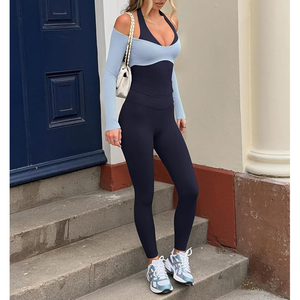 Haut de yoga à manches longues pour femme, color block, col en V profond, découpes, tenue de sport, manches complètes, Spandex Polyester - Product Image 4