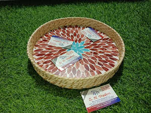 Plateau rond en rotin artisanal de luxe avec incrustation de nacre Parfait pour servir des collations, du thé et du café Idée cadeau de décoration intérieure - Product Image 2