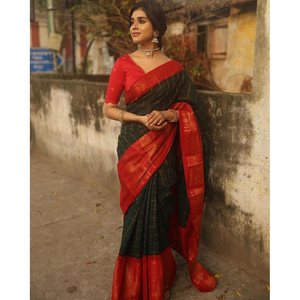 TENDENCIA BANARASI SUAVE SEDA TEJIDO TRABAJO SAREE CON BLUSA SIN COSTAR NEGRO - Product Image 1