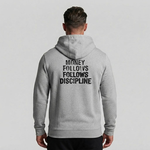เสื้อสเวตเชิ้ตมีฮู้ดสีเทาสำหรับผู้ชาย พิมพ์ลาย Money Follows Discipline ผ้าฟลีซคอตตอน ใส่ได้ในฤดูใบไม้ร่วง - Product Image 3