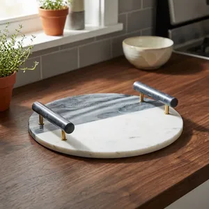 Round Marble Serving Tray with <b>Black</b> Metal Handles Modern Stone Platter Decorative Kitchen Coffee Table Centerpiece Home Decor - Product Image 3