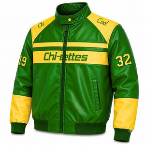 เสื้อแจ็คเก็ตวาร์ซิตี้สีเขียวและเหลืองของชมรมนักเรียนหญิงชื่อ Chi Eta Phi รุ่น Chiettes ทำจากหนัง PU ติดซิปด้านหน้า แขนเสื้อปักตัวอักษร ดีไซน์แบบเสื้อแข่งรถ แฟชั่นสำหรับผู้หญิง - Product Image 2