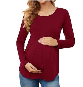 Camiseta de Maternidad de Manga Larga con Cuello Redondo y Color Granate, para Lactancia, con Logotipo Personalizado - Product Image 1