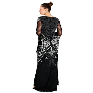 Robe de soirée élégante noire à sequins, coupe fourreau, motif géométrique, manches longues, longueur ras du sol - Product Image 2