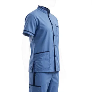 Conjunto de uniforme médico unisex azul con blusa de manga corta con bolsillos y pantalones con cordón, transpirable, 100% poliéster, con detección de agujas, en stock - Product Image 2