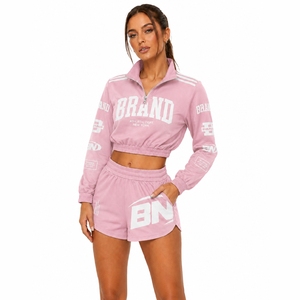 Women's Black Crop Top Tracksuit Set Quarter Zip <b>Jacket</b> and Shorts Letter Print Athletic Wear All Seasons Sportswear Windbreaker - Product Image 3