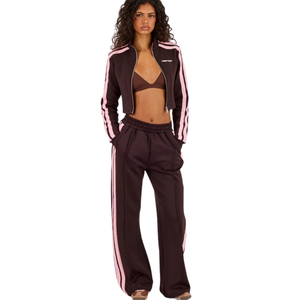 Womens Cropped Full <b>Zip</b> Hoodie Tracksuit Set <b>Side</b> Stripe Wide Leg <b>Trousers</b> Drawstring Waist Two Piece Casual Street Style Outfit - Product Image 5