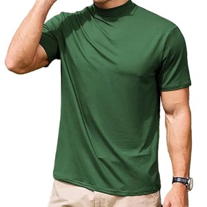 <b>Men's</b> Solid Green Mock Turtleneck Short Sleeve Pullover T-<b>Shirt</b> Breathable Knitted Casual Top Summer Wear - Product Image 3