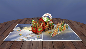Tarjeta de felicitación navideña 3D emergente con tren de Papá Noel y escena de casa de jengibre, troquelada en papel con laminado brillante, tarjeta festiva - Product Image 2