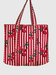 Sac fourre-tout en toile brodé cerises rayé rouge et blanc, sac de shopping pour femme à fermeture ouverte, toutes saisons - Product Image 4