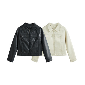 Veste en cuir unisexe, col rabattu, fermeture éclair, longueur courte, couleur unie, style décontracté, manches classiques, pour l'automne - Product Image 1
