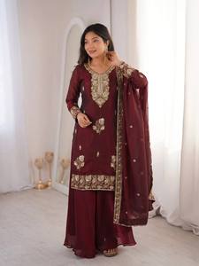 Conjunto de Traje Étnico de Seda Fandy de Lujo con Lentejuelas Bordadas de 3mm, Kurti, Palazzo y Dupatta a Juego (Para Todas las Temporadas) - Product Image 2
