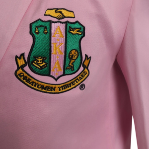 Women's Pink <b>Blazer</b> with Embroidered Crest <b>Gold</b> <b>Buttons</b> Long Sleeve Notched Lapel Fitted Jacket Green Printed Lining Flap Pocket - Product Image 6