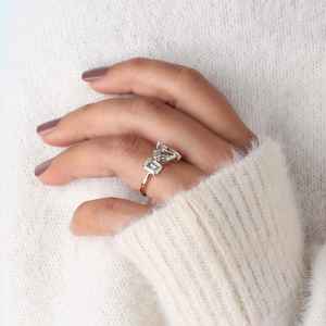 Anillo de tres piedras con diamantes cultivados en laboratorio, corte pera, marquesa y esmeralda, para mujer, oro sólido de 14K, formas únicas, regalo para parejas - Product Image 4