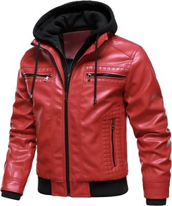 Men Red PU Leather Hooded Moto <b>Biker</b> <b>Jacket</b> Zipper Front Solid Color Winter Style Regular Sleeve Slim Fit Polyester Wadding - Product Image 1