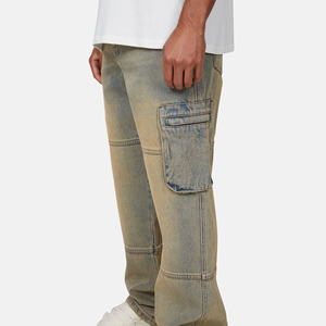 Wholesale Men's Baggy Straight Leg Jeans Eco-Friendly Breathable Winter Streetwear High Street Print Button Distressed Wash - Product Image 3