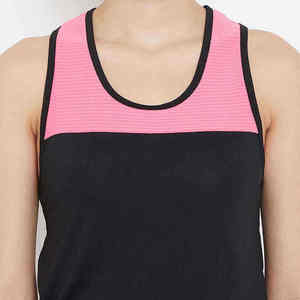 Camiseta sin mangas de punto con bloques de color rosa y negro para mujer, cuello redondo, deportiva, de secado rápido, longitud regular - Product Image 3