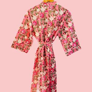 Bata Kimono de Algodón Floral Rosa con Diseño de Rayas y Cinturón para Spa, Hotel, Resort, Pedidos al por Mayor, EE. UU., Reino Unido, Australia - Product Image 1