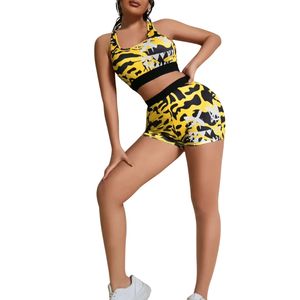 Custom Wholesale Solid High Elastic Quick Dry Yoga Set Built-In Bra Crew Neck Sports Top & Breathable Lightweight Waist Shorts - Product Image 4