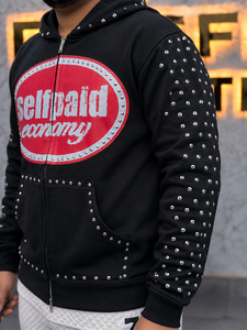 Rexfit Sports Men's <b>Black</b> Studded <b>Zip</b>-<b>Up</b> <b>Hoodie</b> Fleece Streetwear with Bold Front Print and Kangaroo Pockets Mens Zipper <b>Hoodie</b> - Product Image 4