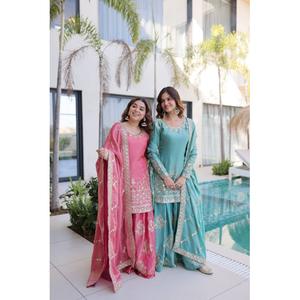 Ensemble Sharara indien sophistiqué 3 pièces avec broderie et travail de sequins, idéal pour les occasions spéciales, disponible en gros. - Product Image 1