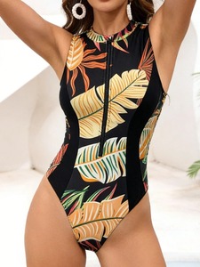 Traje de baño deportivo transpirable de una pieza para mujer con cremallera, estampado de plantas y ribete en contraste, elástico - Product Image 2