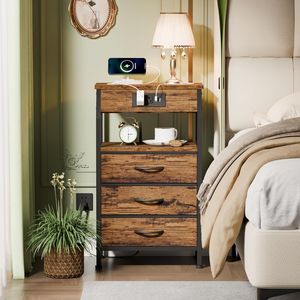 28.3 Inch Tall <b>Bedside</b> Nightstand with Charging Station USB Ports and Outlets Wood <b>Shelf</b> - Product Image 2