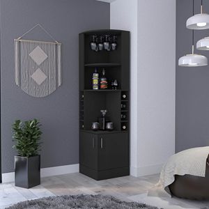 Mueble Bar Esquinero de Doble Puerta con Ocho Botelleros Integrados y Estante para Copas, Color Negro - Product Image 1