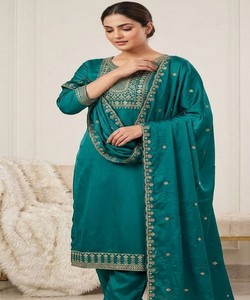 Salwar Kameez de Seda Esmeralda con Dupatta Bordada, Traje Tradicional de Boda para Mujer, Estilo India Pakistán 85574 BLUESTAR- BS:-162 - Product Image 1
