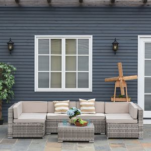 Set Divano da Esterno in Rattan PE a 7 Pezzi per Tutte le Stagioni, Mobili da Giardino in Vimini con Cuscini in Plastica a Doghe - Product Image 2