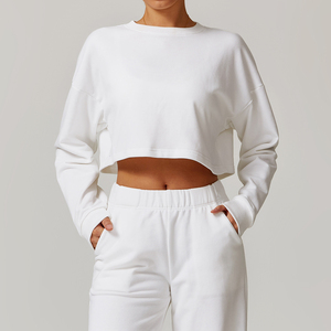 Sweat-shirt court noir à col rond pour femme, manches longues, tricoté, couleur unie, coupe oversize, idéal pour l'automne, 100 % coton - Product Image 2