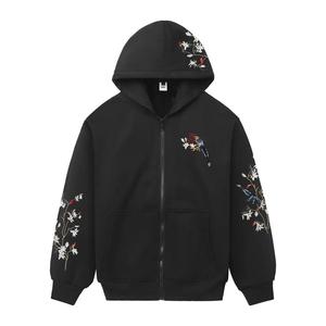 Sweat-shirt à capuche zippé noir brodé unisexe, motif floral oiseau sur les manches, style streetwear décontracté, service OEM - Product Image 1