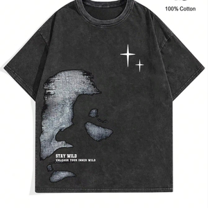 Men's Casual Acid <b>Wash</b> Vintage T-Shirts High Street Cotton Drop Shoulder with Custom O-neck Print Short Sleeves - Product Image 1