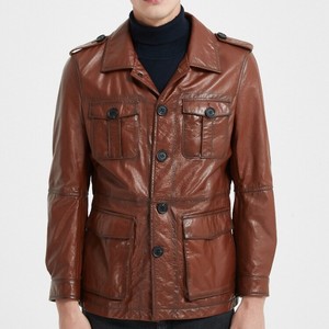 Blouson en cuir marron style motard vintage américain unisexe ignifuge grande taille manches longues vêtement de mode moto - Product Image 1