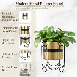 Modern Gold Plated Metal Flower <b>Pot</b> With Circular Wire Stand For Indoor Desktop Planters Minimalist Design - Product Image 6