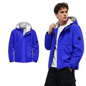 Men's Light Gray Hooded Stand Collar Windproof <b>Zipper</b> <b>Jacket</b> Casual Outerwear with Pockets and Logo Patch on Sleeve - Product Image 2