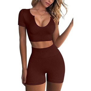 Conjunto Deportivo de 2 Piezas para Mujer, Top Corto de Manga Corta y Pantalones Cortos de Cintura Alta, Ajustados y Elásticos, para Gimnasio, Fitness y Yoga - Product Image 1