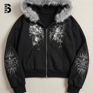 Sudadera con capucha personalizada para mujer con cremallera, estilo Y2K, gráfico de telaraña con pedrería, de peso pesado, oversize, estilo streetwear, con ribete de piel sintética - Product Image 3