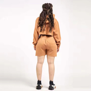 Custom Blank Cotton Polyester Blend Breathable Casual Hooded Sweatshirt and Shorts 2 Piece <b>Set</b> for Women - Product Image 3