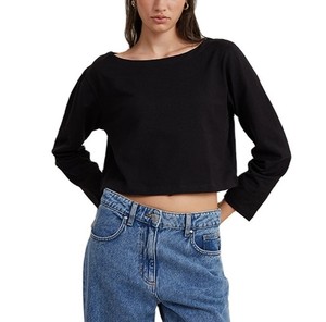 Camiseta de Punto Personalizada para Mujer, Color Negro Sólido, Manga Larga, Cuello Redondo, Corte Recortado, Ajuste Holgado, Informal, para Todas las Temporadas, 100% Algodón Transpirable - Product Image 6