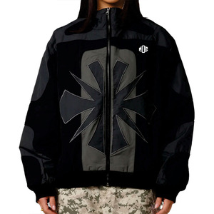 <b>Women's</b> Black Graphic Patch Windbreaker <b>Jacket</b> Custom Applique Zip Up Lightweight Streetwear Oversized Casual Wholesale <b>Jackets</b> - Product Image 1