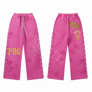 Pantalon taille haute avec clous scintillants, broderie personnalisée, coupe décontractée ample avec ceinture, pantalon tendance et élégant - Product Image 4