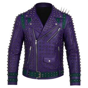 Chaqueta de cuero para hombre con cremallera, estilo motociclista, con rayas verdes y tachuelas plateadas en la parte trasera. - Product Image 5