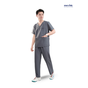 Ensemble de blouses médicales pour hommes Mechanic, couleur turquoise, col en V, manches courtes, uniforme d'hôpital, pantalon en coton et polyester tissé inclus - Product Image 2