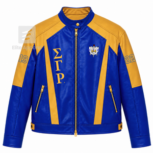 Veste en cuir personnalisée Sigma Gamma Rho Sorority bleue et or avec logo brodé, style décontracté pour femme, doublure en polyester - Product Image 1