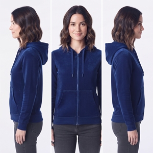 Women's Navy Blue Zip Up <b>Hoodie</b> <b>Velour</b> Long Sleeve Hooded Sweatshirt with Pockets - Product Image 5