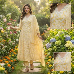 Ensemble Anarkali Kurta pour femmes, imprimé floral jaune, col en V, robe évasée, pantalon assorti, dupatta, tenue traditionnelle élégante décontractée ethnique - Product Image 3